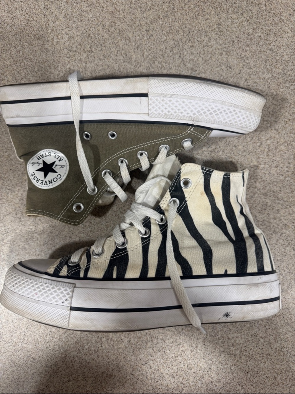 Converse customs Olive High Top Sneakers with Black & White Zebra Canvas